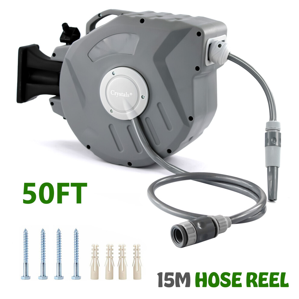 15m Garden Patio Hose Reel Wall Mounted Retractable Auto Rewind Pipe 180° Swivel