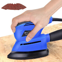 130W Detail Palm Sander 12000RPM with 6-Piece Sandpaper Set, Vacuum Dust Port, 140mm Pad - Ideal for Wood, Metal, Furniture Finishing & DIY