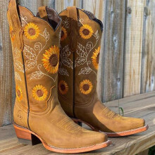 (Khaki, 37) Women Cowboy Boots Sunflower Embroidered Western Boots Comfort Flat Ankle Boots