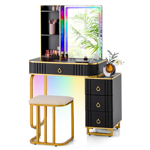 Costway Dressing Vanity Table & Stool Set w/Mirror 7 Lights Modes & Charging Station