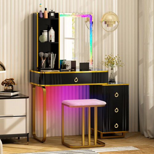 Costway Dressing Vanity Table & Stool Set w/Mirror 7 Lights Modes & Charging Station 1