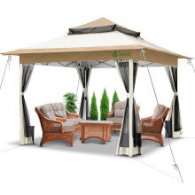 VOUNOT 3.6x3.6m Pop Up Gazebo with Mesh Side Double Roof Marquee Party Tent, Beige