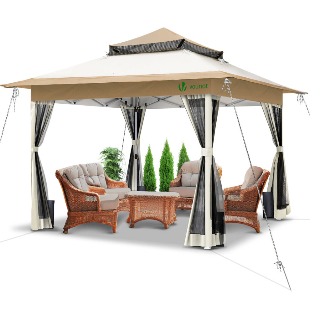 VOUNOT 3.6x3.6m Pop Up Gazebo with Mesh Side Double Roof Marquee Party Tent, Beige