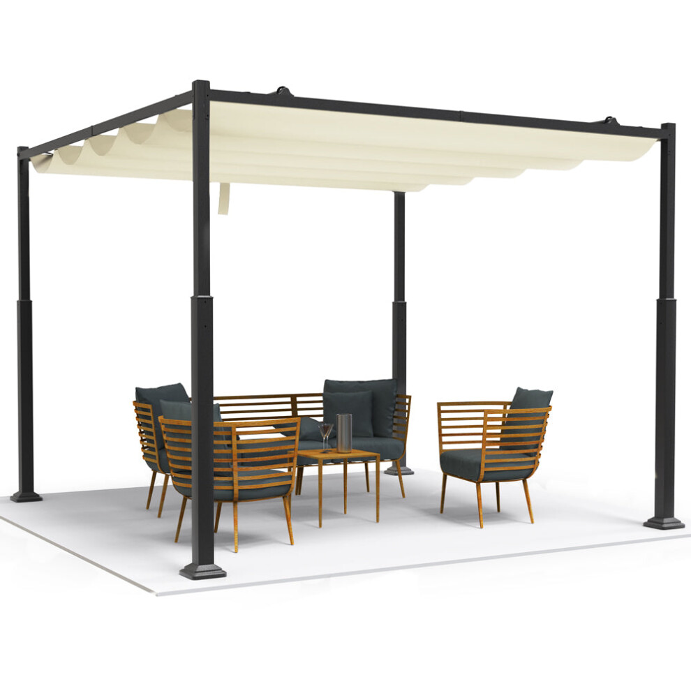 VOUNOT 3x3m Metal Pergola with Retractable Roof, Garden Gazebo for Outdoor Beige