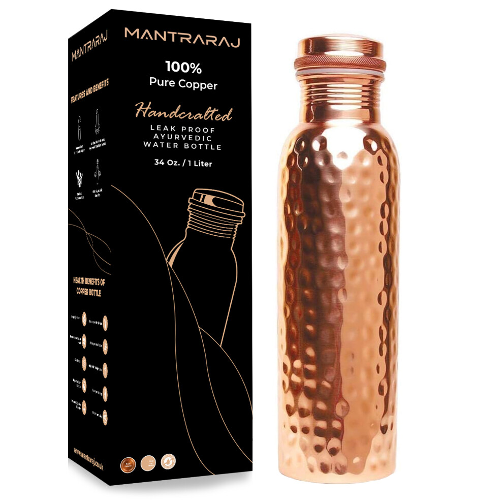 MantraRaj 100% Pure Copper Water Bottle Ayurvedic Leak Proof Seal Cap Joint Free 1 Liter 34 Oz Easy to carry