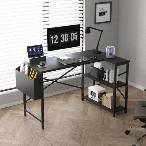 MCC (120CM, Black) Corner Desk L Shaped Reversible With Bookshelf