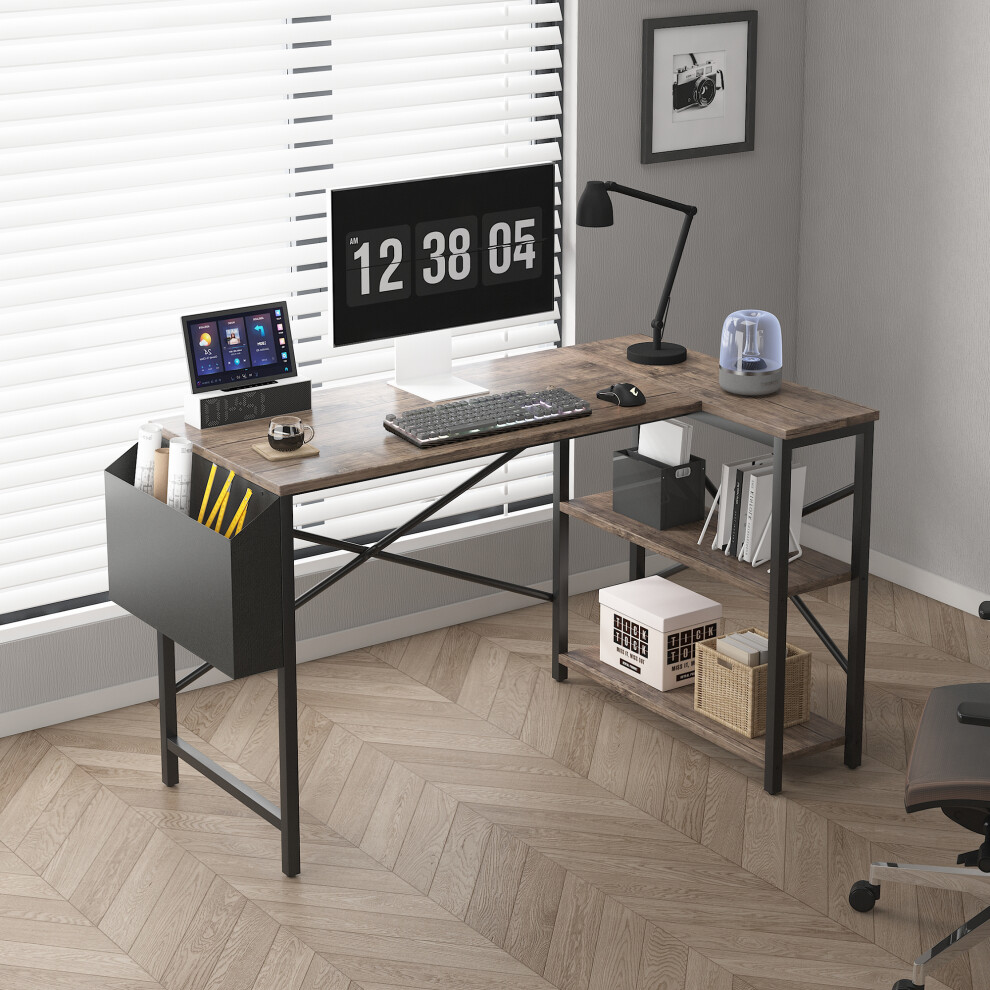 (120CM, Distressed grey) Corner Desk L Shaped Reversible With Bookshelf