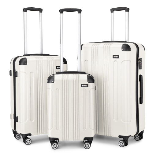 (Beige) 19+24+28 Inch 3 Pcs Hard Shell Suitcase Set ABS with 4 Wheels Spinner