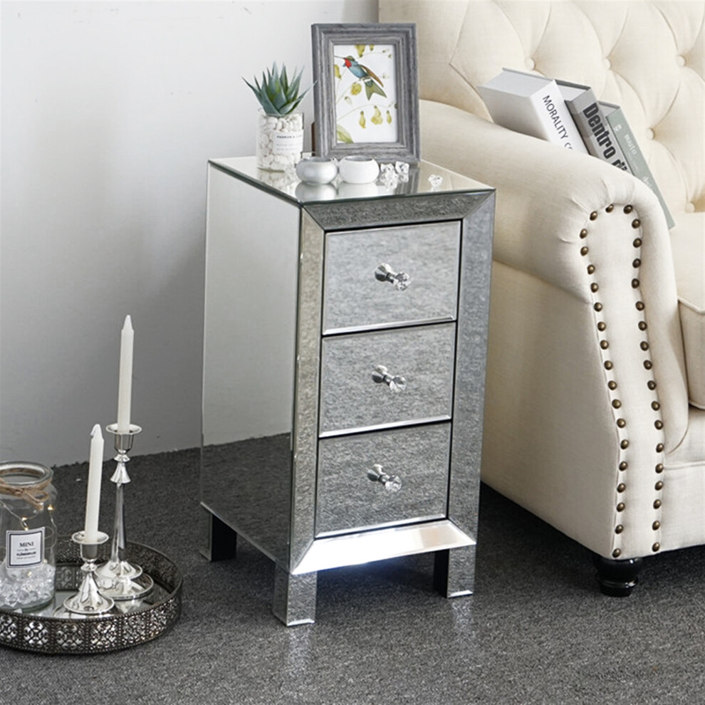 3 Drawers Mirrored Glass Bedside Table Nightstand Storgae Cabinet