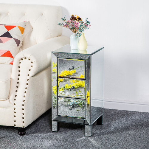 3 Drawers Mirrored Glass Bedside Table Nightstand Storgae Cabinet 1