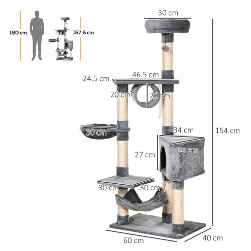 PawHut PawHut 154cm Cat Tree Tower Multi-level Indoor Scratching Post Light Grey 1