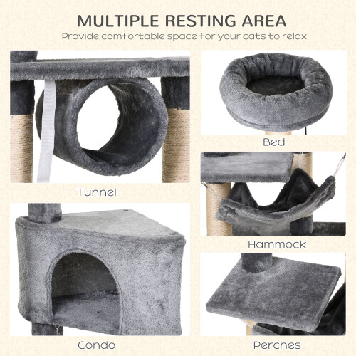 PawHut PawHut 154cm Cat Tree Tower Multi-level Indoor Scratching Post Light Grey 2