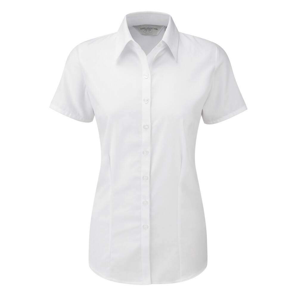 (L, White) Russell Womens/ladies Herringbone Short Sleeve Work Shirt