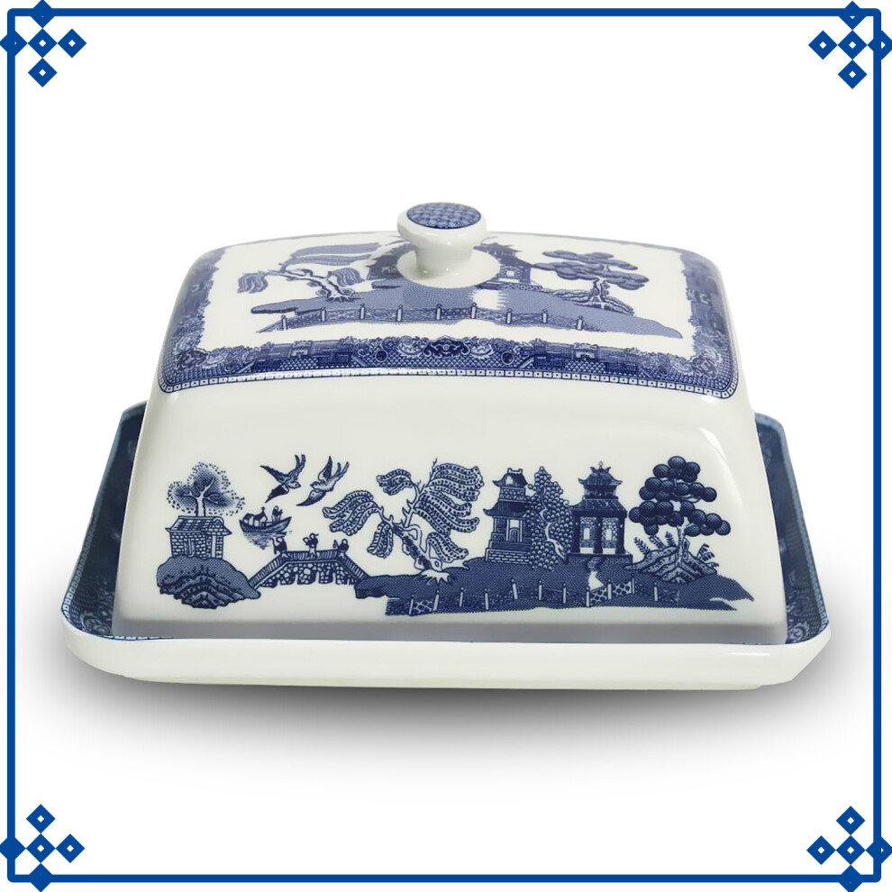 Blue Willow Butter Dish Covered Server Ceramic Tableware Antique Oriental Style