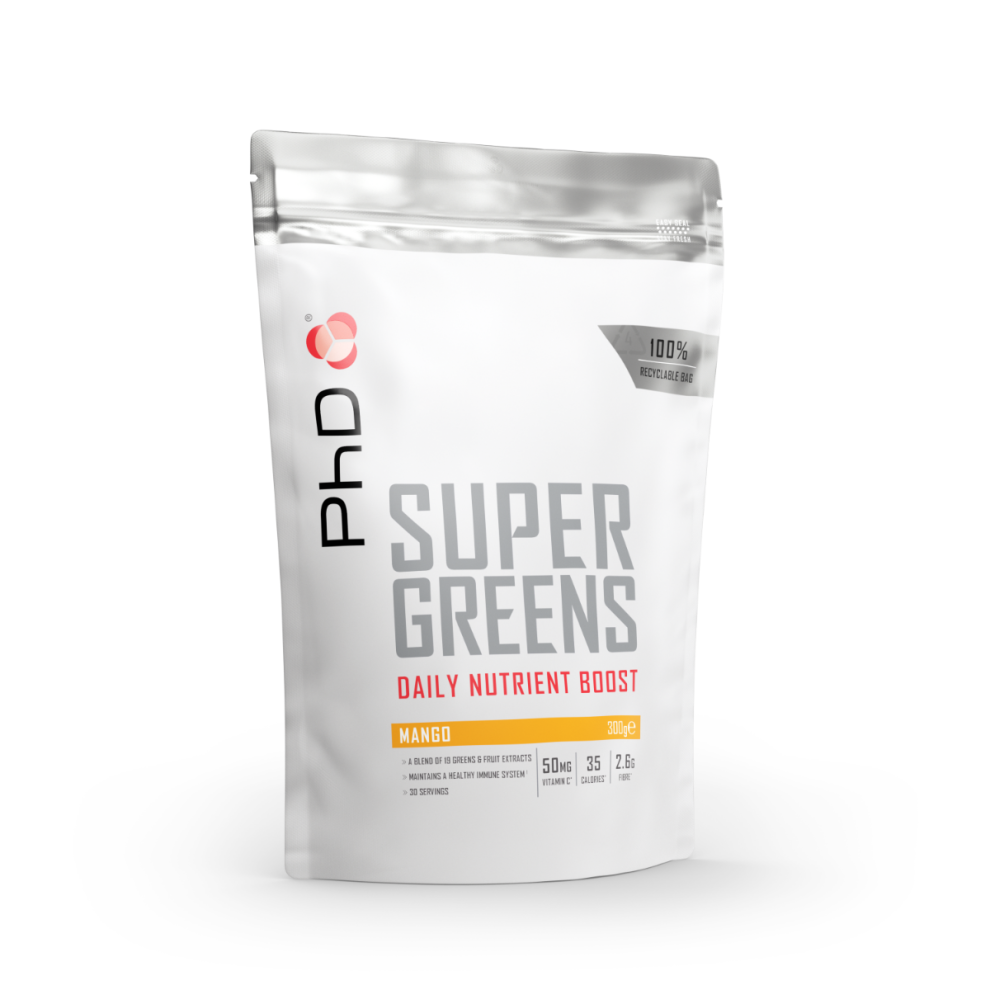 PhD Nutrition Super Greens Powder | Blend of 18 Nutrient Rich Fruits & Vegetables | Mango, 300g