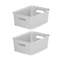 2 Grey 4L Curver Nestable Plastic Rattan Storage Basket 25.5 x 19.5cm