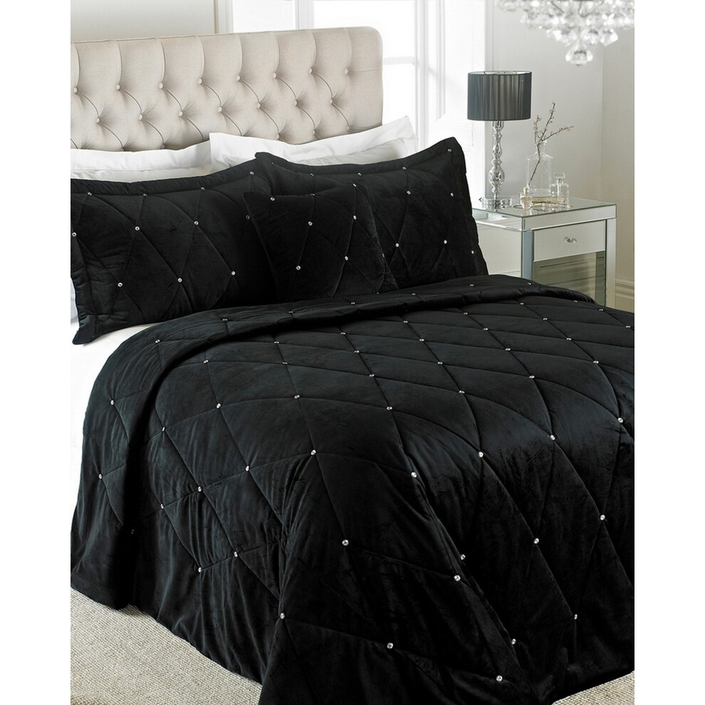 (220 x 240cm, Black) Riva Paoletti New Diamante Bedspread Set