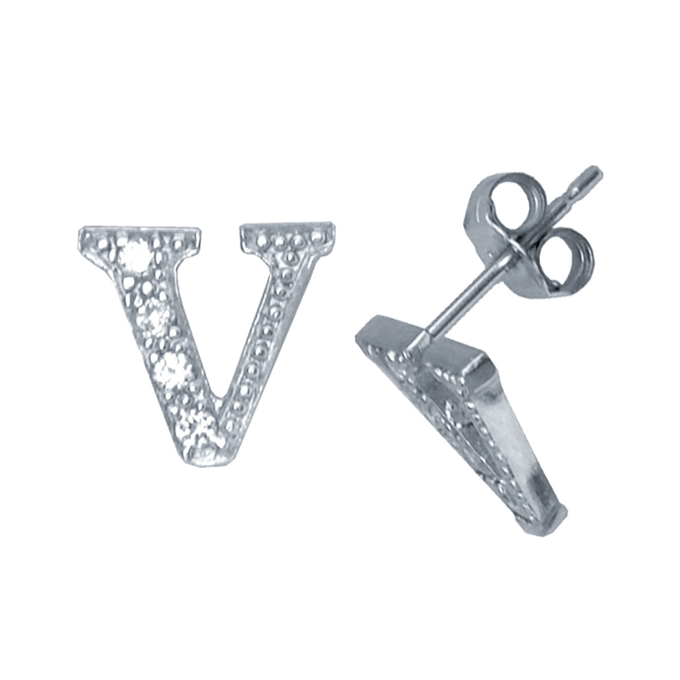 Jewelco London Rhodium Sterling Silver Initial Identity Stud Earrings Letter V - GIN3-V