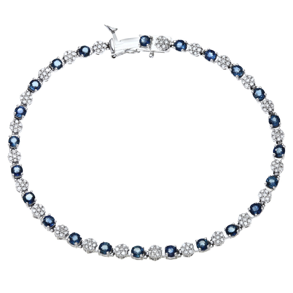 Jewelco London 9ct White Gold Round 0.63ct Diamond Round 3.91ct Blue Sapphire Alternating Cluster Tennis Bracelet - PBCAXL02516WSA