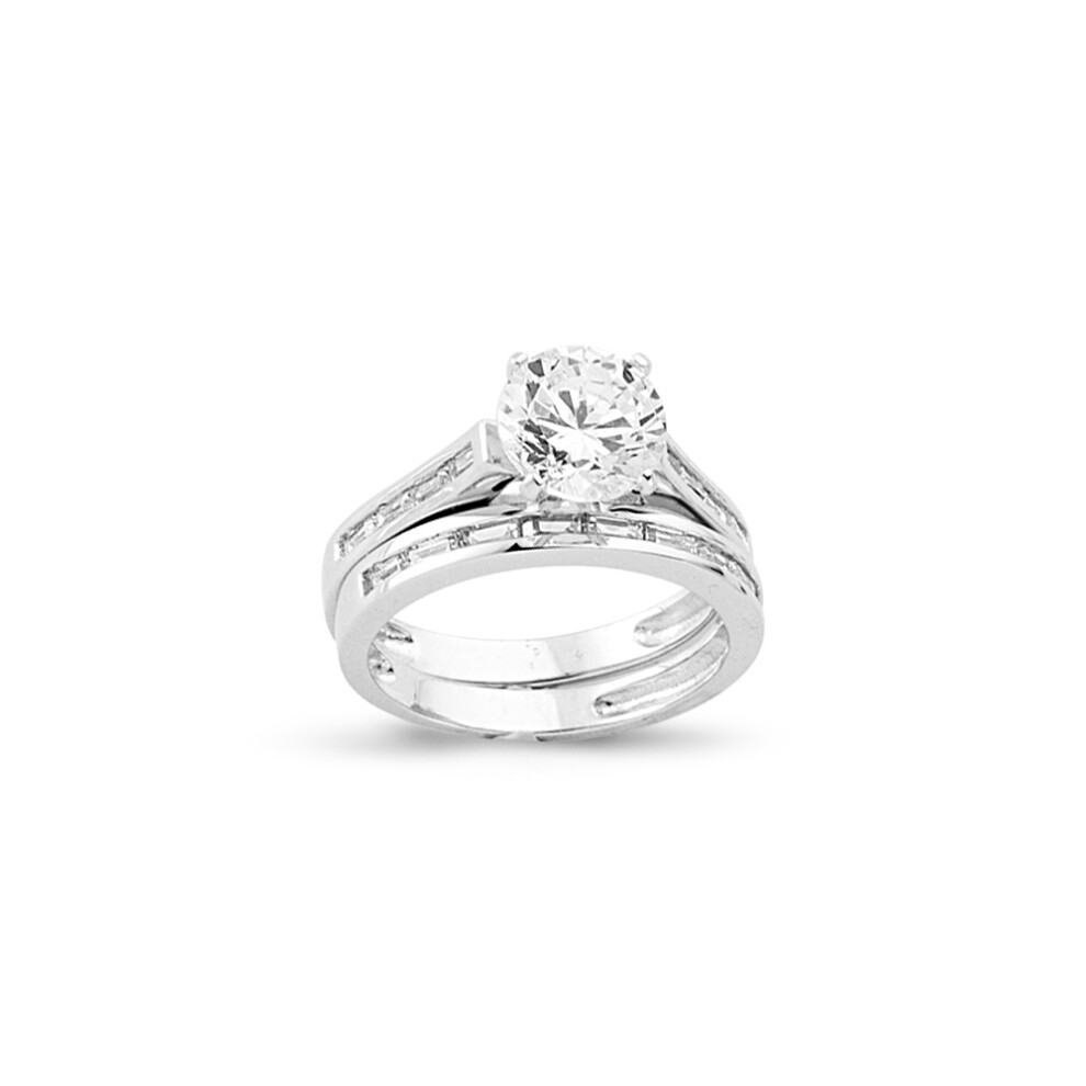(K) Jewelco London Ladies Rhodium Plated Sterling Silver Round & Baguette CZ Shoulder-set 4-Claw Solitaire Bridal Set Rings - ARN149