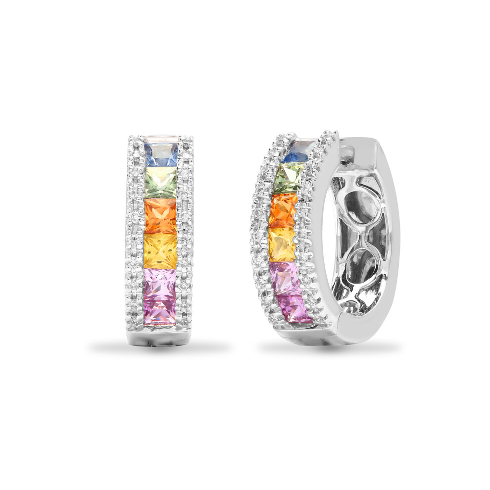 Jewelco London 18ct White Gold 4 Claw 0.16ct Diamond and Princess Rainbow 1.37ct Sapphire Eternity Hoop Earrings 15mm - 18E320