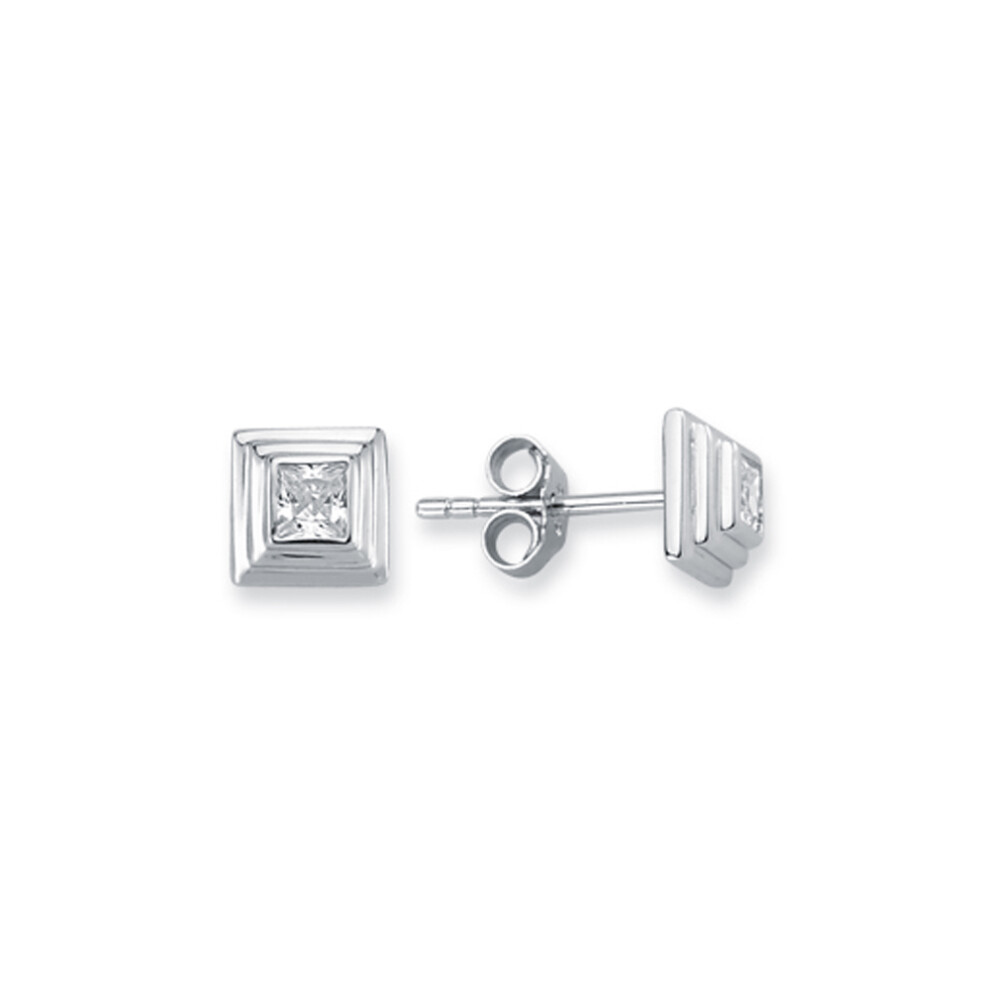 Jewelco London Sterling Silver Square Cubic Zirconia Solitaire 3-Tier Square Wedding Cake Stud Earrings 3mm 6mm - AES116A