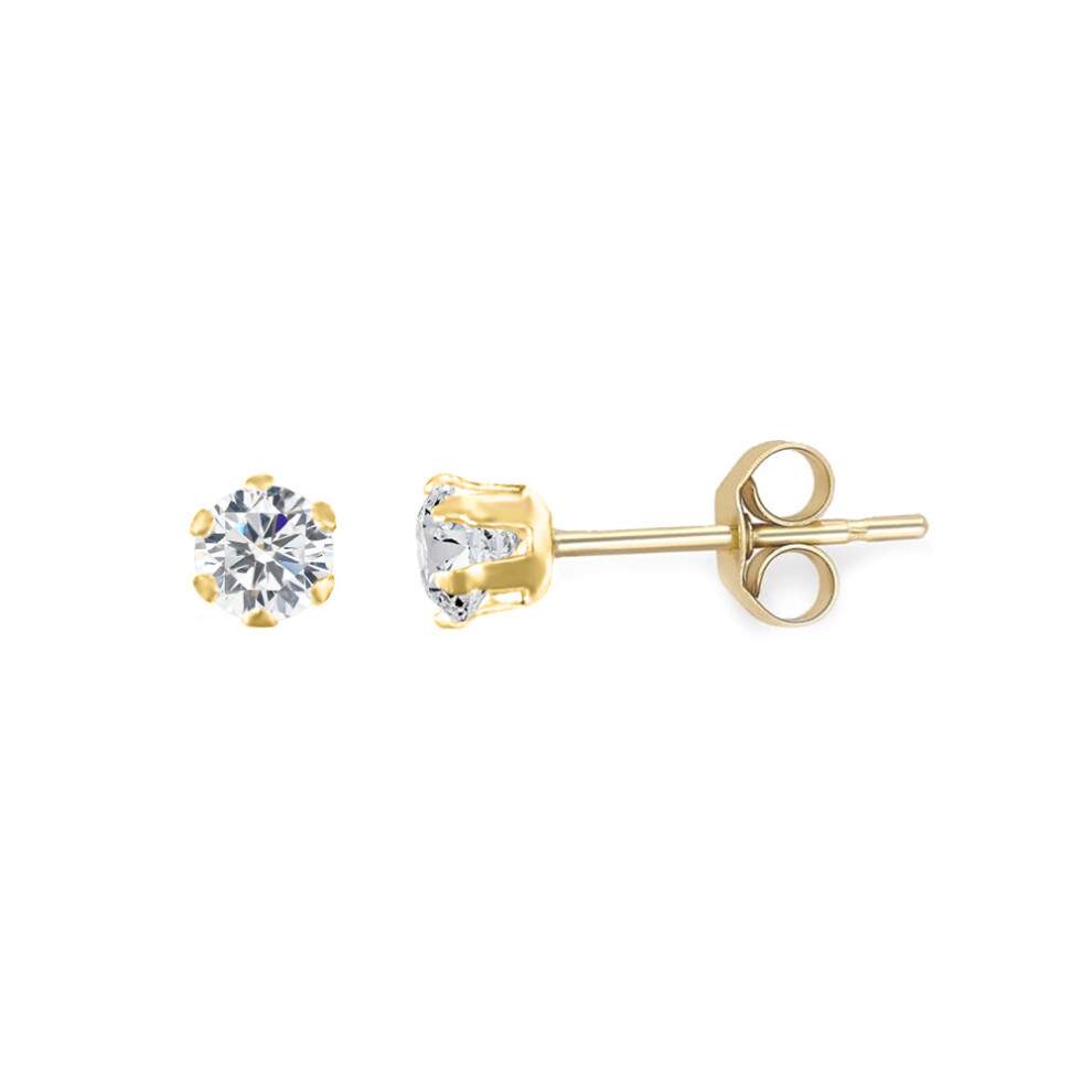 Jewelco London 9ct Yellow Gold White Round Brilliant Cubic Zirconia 6 Claw Solitaire Stud Earrings, 3mm - JES097
