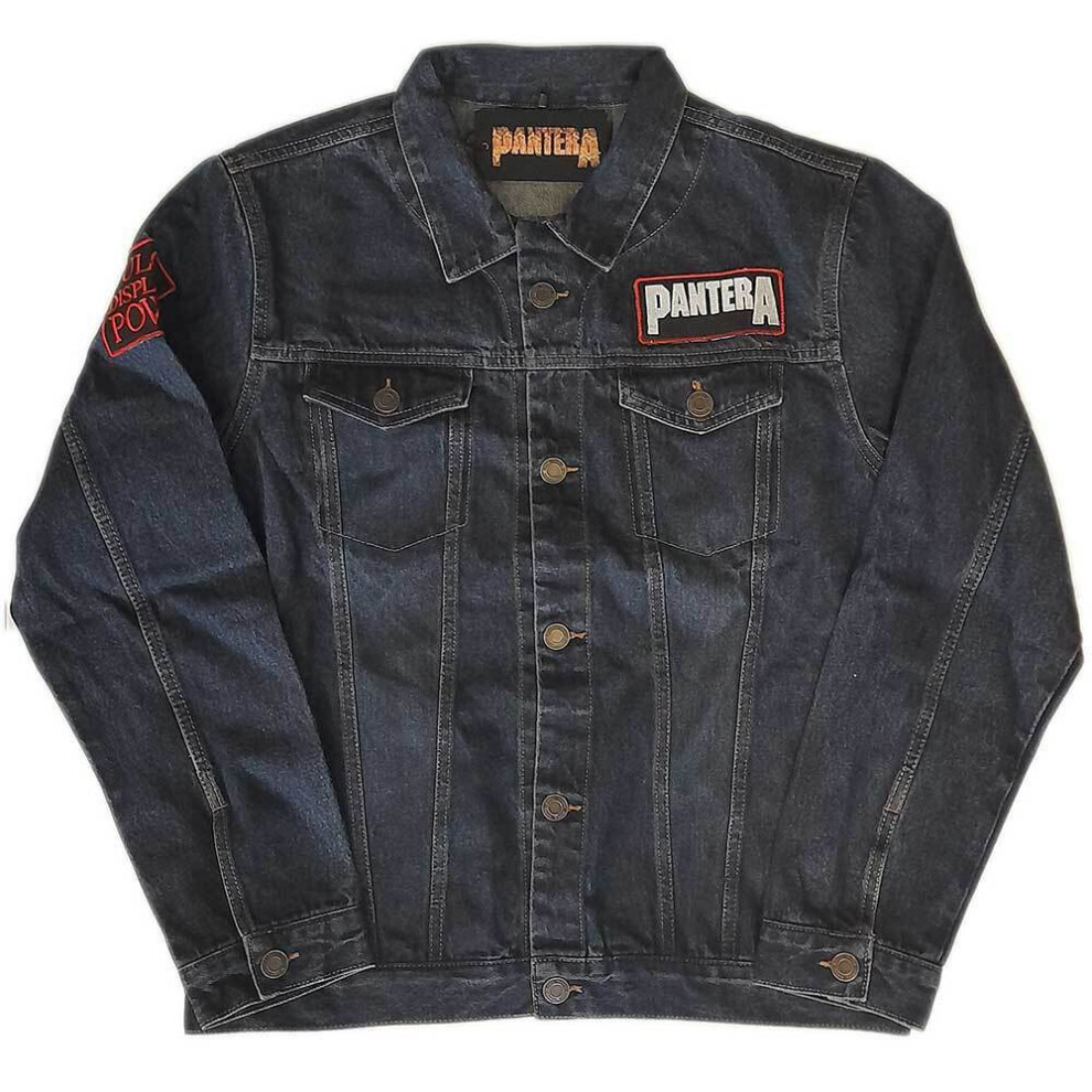 (XL, Denim Blue) Pantera Unisex Adult Vulgar Display Of Power Back Print Washed Denim Jacket