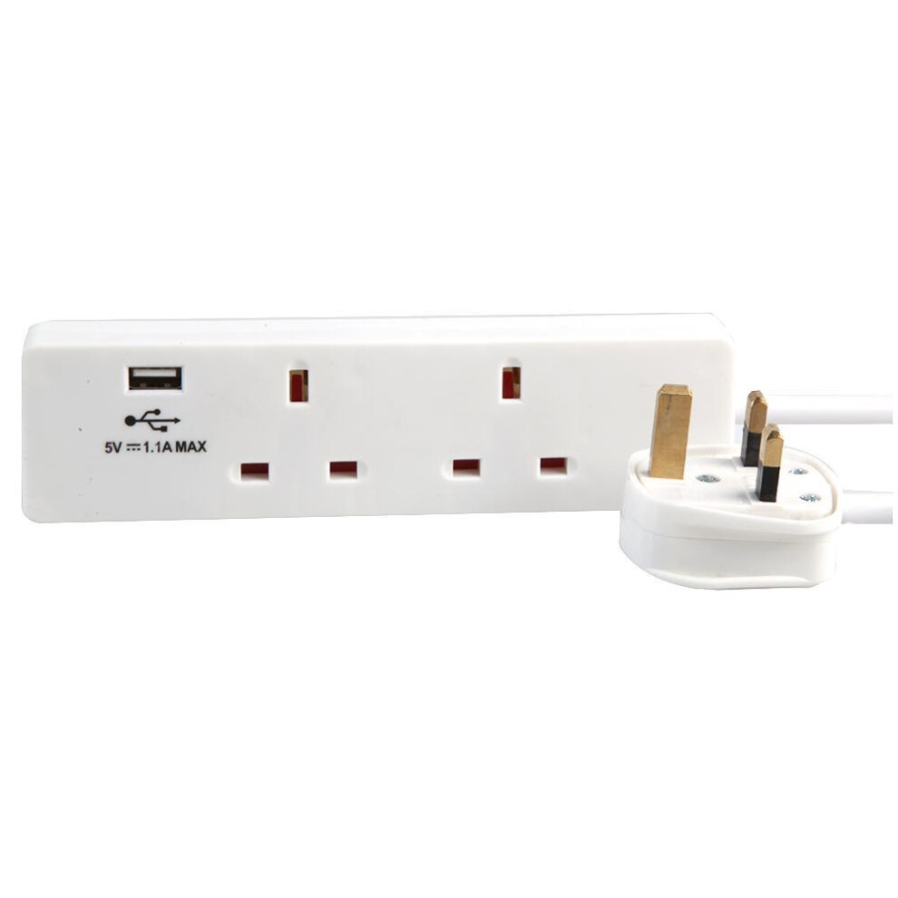 Pro Elec 2-Gang Mains Extension Lead With Usb, 1M,White Usb 5056450606151