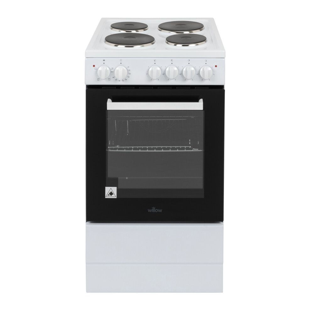 Willow 62L White Electric 50cm Single Cavity Cooker, Solid 4 Zone Hob