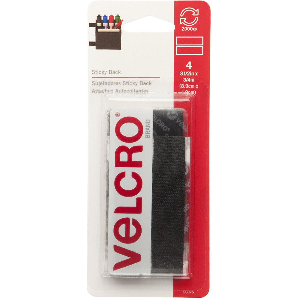 VELCRO(R) Brand Sticky Back Tape .75"X3.5" 4/Pkg-Black 90075