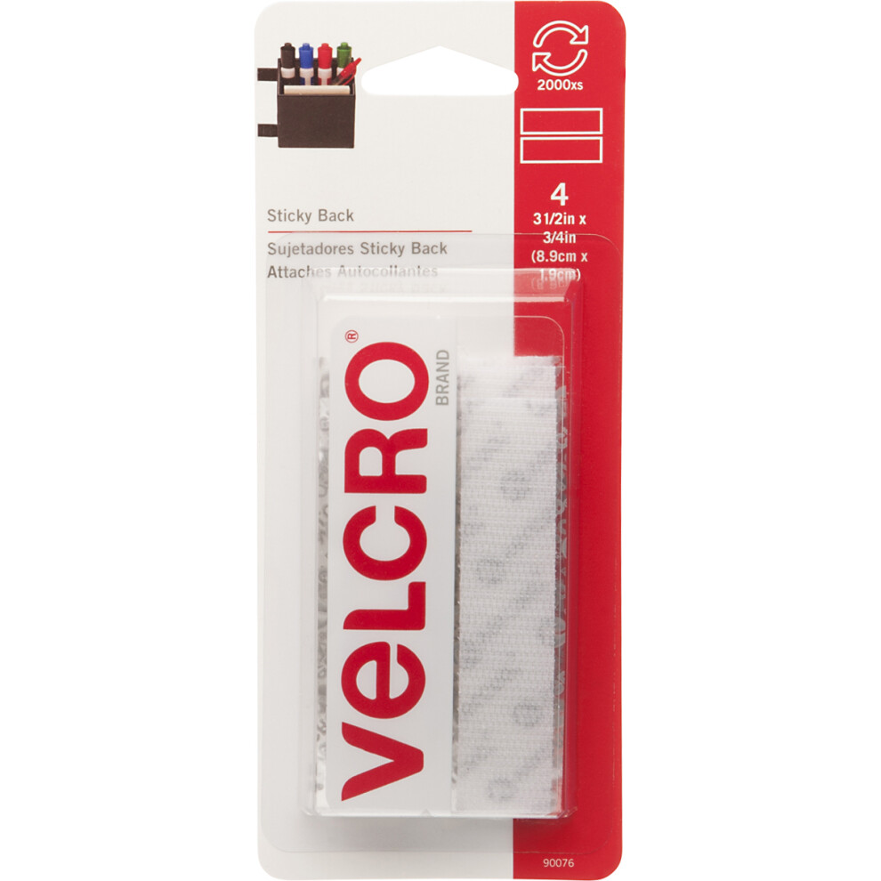 VELCRO(R) Brand Sticky Back Tape .75"X3.5" 4/Pkg-White 90076