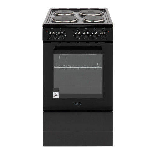 Willow Appliances Willow 62L Black Electric 50cm Single Cavity Cooker, Solid 4 Zone Hob