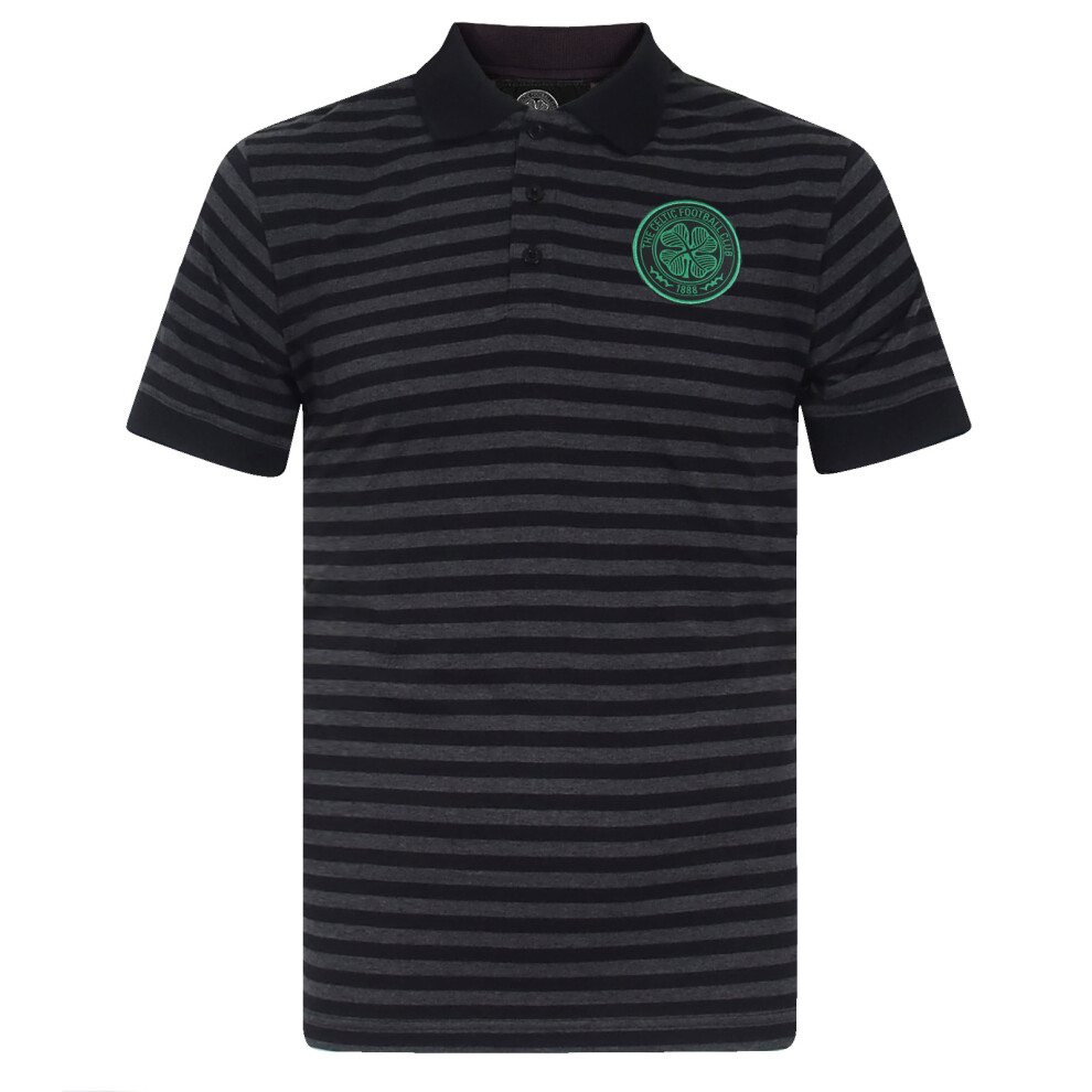 (Black/Grey, XL) Celtic FC Official Football Gift Mens Yarn Dye Marl Striped Polo Shirt