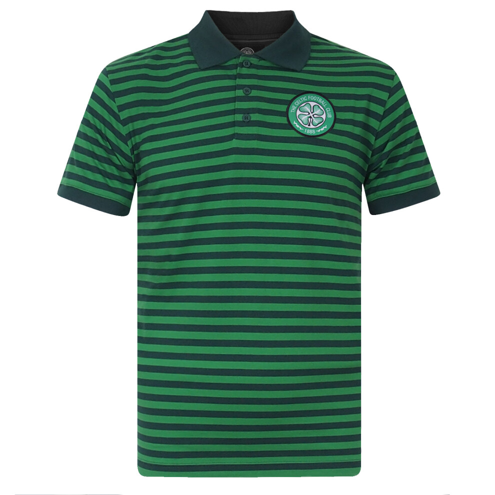 (Green, 3XL) Celtic FC Official Football Gift Mens Yarn Dye Marl Striped Polo Shirt