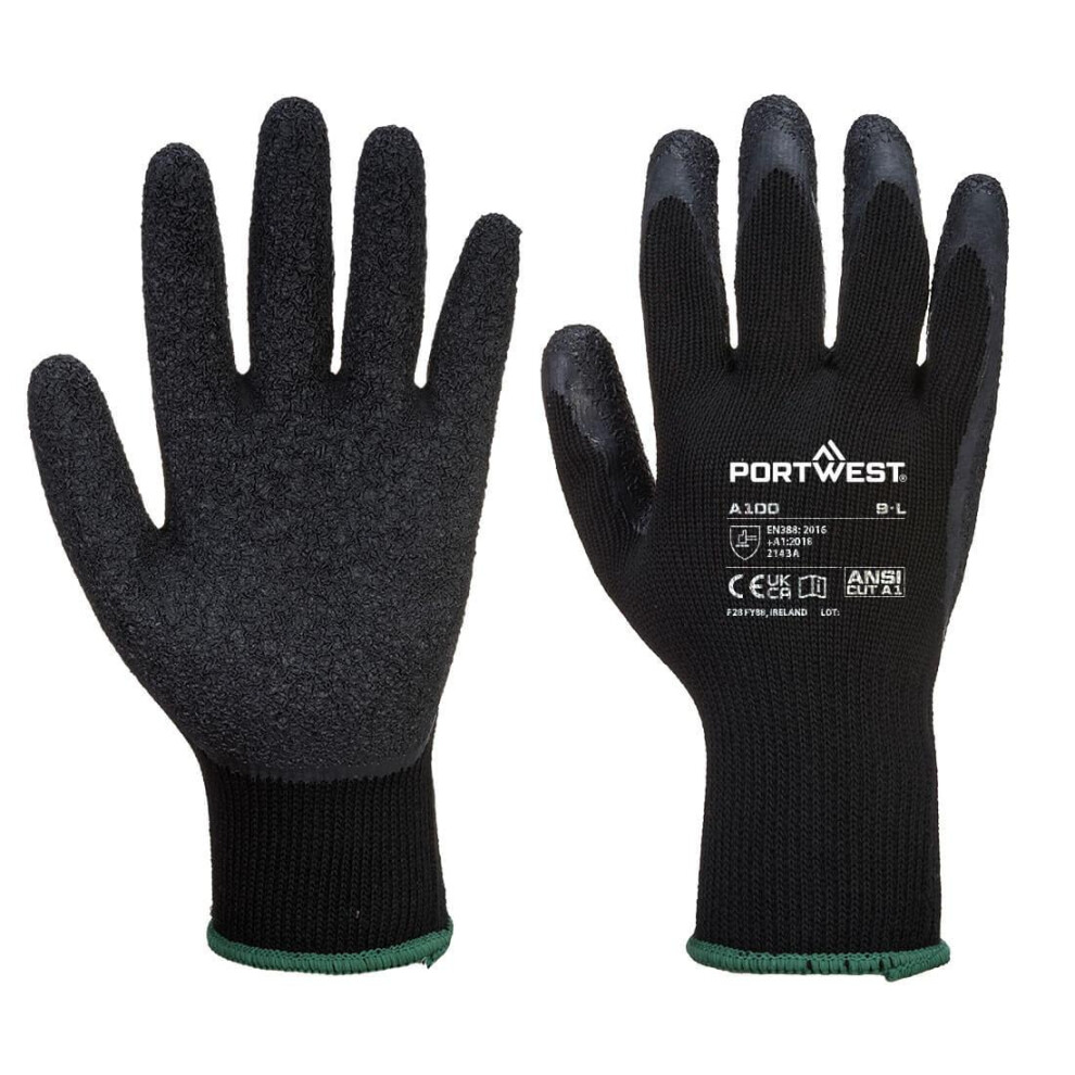 (M, Black) Portwest A100 Latex Grip Gloves