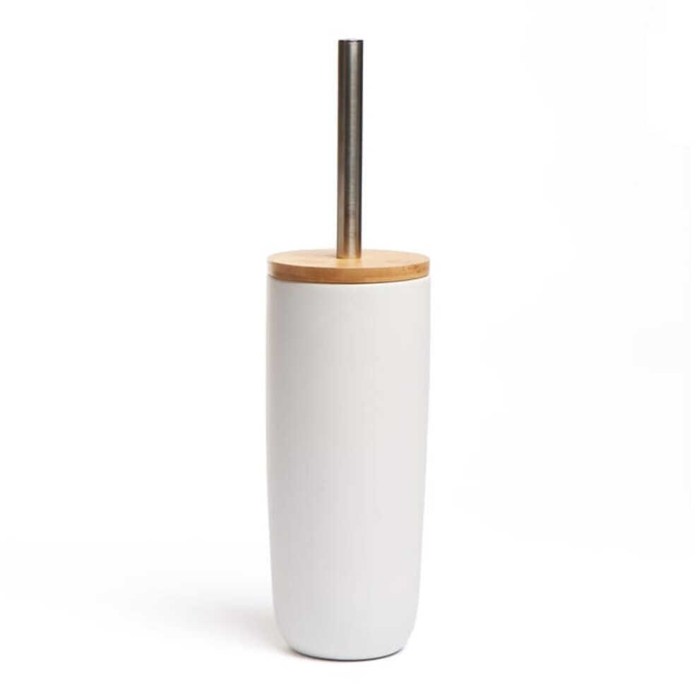 (White) AAMEN Toilet Brush Holder, Ceramic & Bamboo Toilet Cleaner