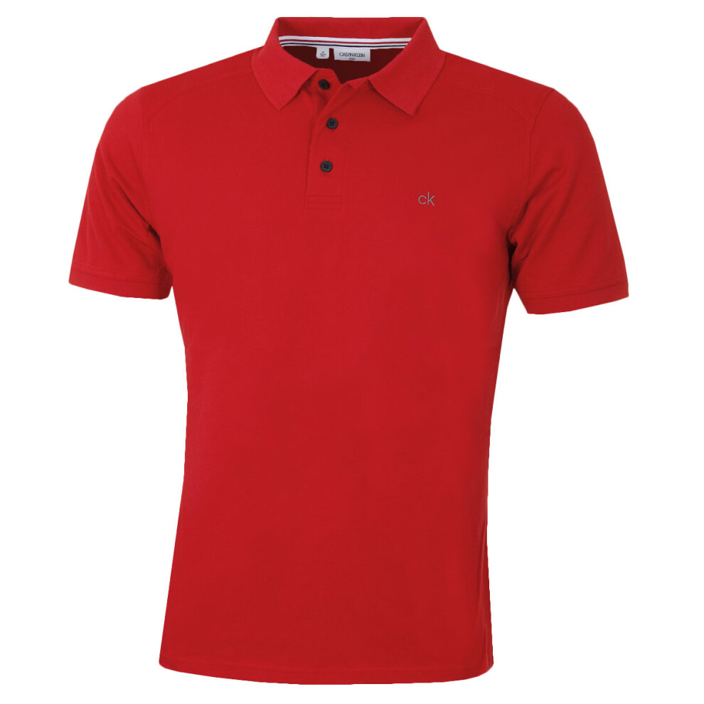 (4XL, Red) Calvin Klein Mens Campus 3 Button Ribbed Collar Golf Polo Shirt