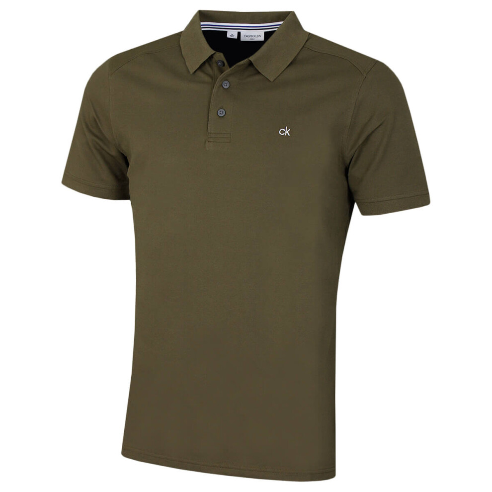 (M, Olive Green) Calvin Klein Mens Campus 3 Button Ribbed Collar Golf Polo Shirt