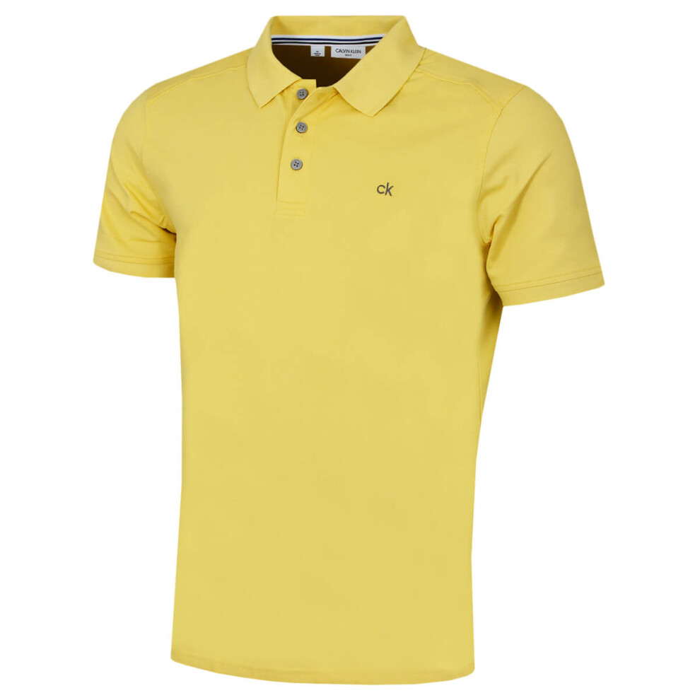 (L, Lemon) Calvin Klein Mens Campus 3 Button Ribbed Collar Golf Polo Shirt - -