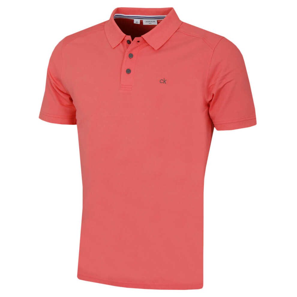 (M, Peach) Calvin Klein Mens Campus 3 Button Ribbed Collar Golf Polo Shirt - -