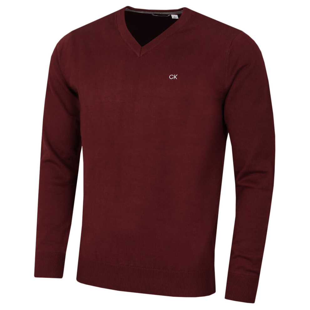 (S, Burgundy) Calvin Klein Mens 2022 V-Neck Soft Cotton Easy Care Golf Sweater