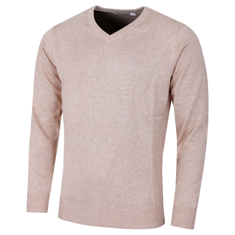 (L, Caramel Marl) Calvin Klein Mens 2022 V-Neck Soft Cotton Easy Care Golf Sweater