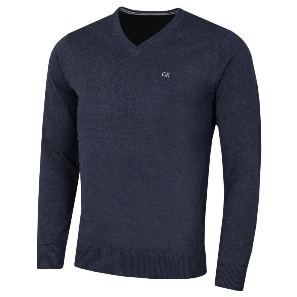 (S, Navy Marl) Calvin Klein Mens 2021 V-Neck Soft Cotton Easy Care Sweater