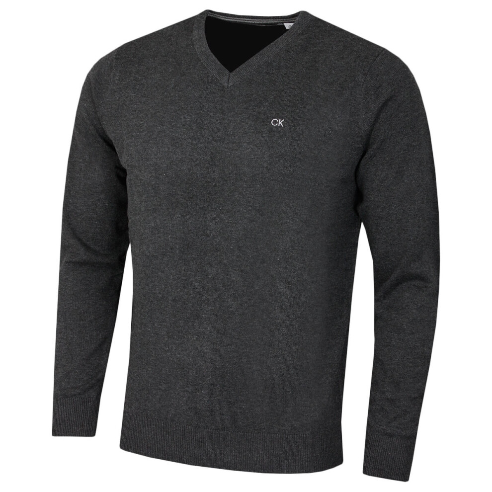 (L, Charcoal) Calvin Klein Mens 2022 V-Neck Soft Cotton Easy Care Golf Sweater