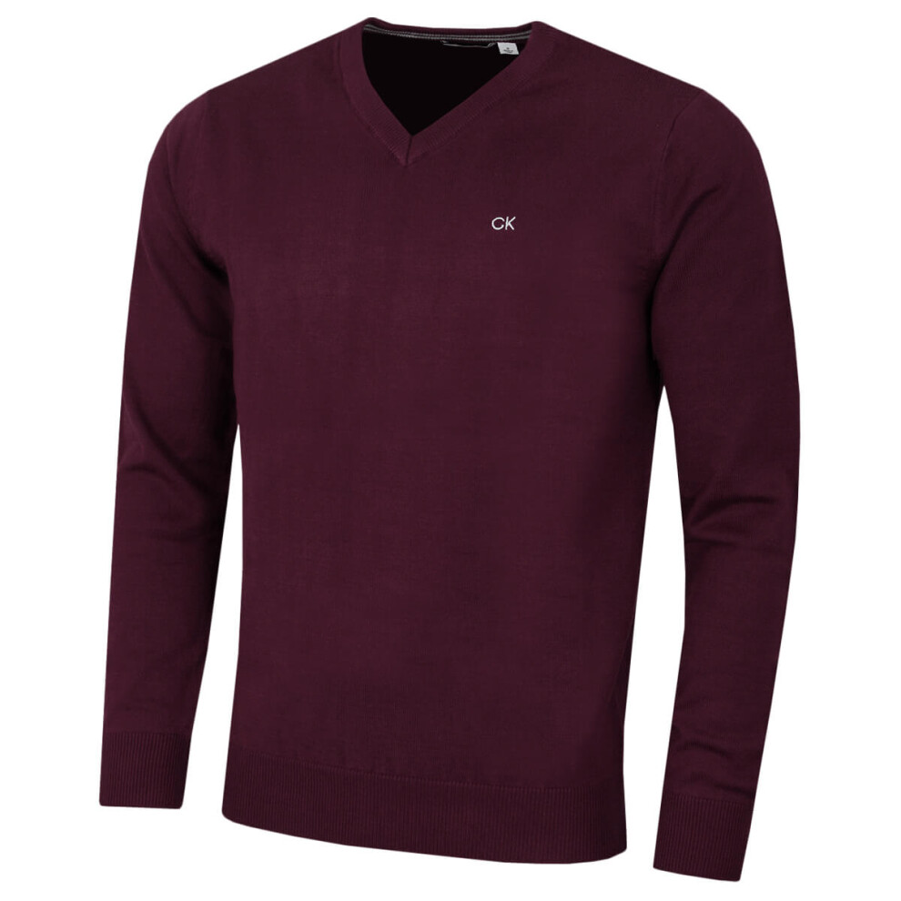 (XL, French Burgundy) Calvin Klein Mens 2022 V-Neck Soft Cotton Easy Care Golf Sweater