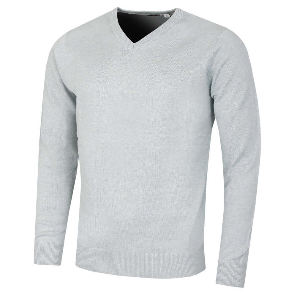 (L, Light Blue Marl) Calvin Klein Mens 2022 V-Neck Soft Cotton Easy Care Golf Sweater