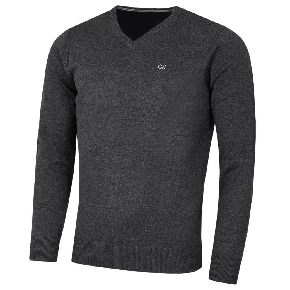 (S, Charcoal Marl) Calvin Klein Mens 2021 V-Neck Soft Cotton Easy Care Sweater