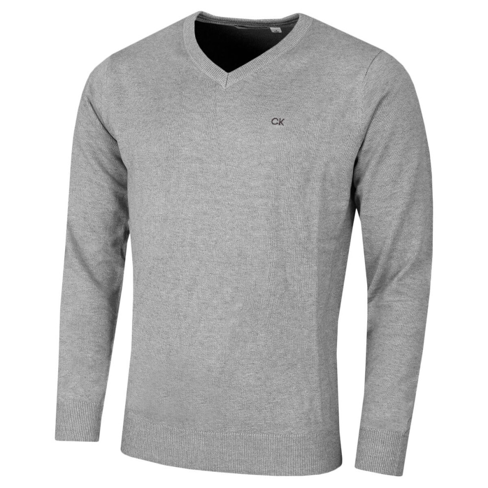 (XL, Grey Marl) Calvin Klein Mens 2021 V-Neck Soft Cotton Easy Care Sweater