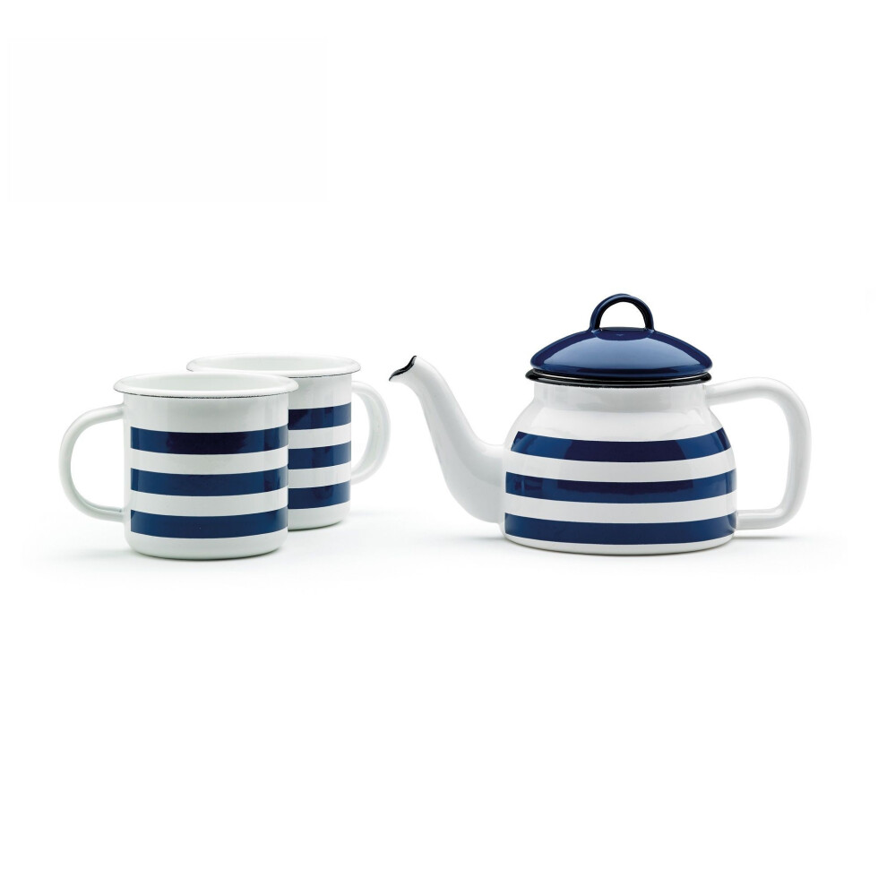 Prestige Teapot And Cup Set Blue and White Striped Teapot Set 1 Teapot 2 Cups